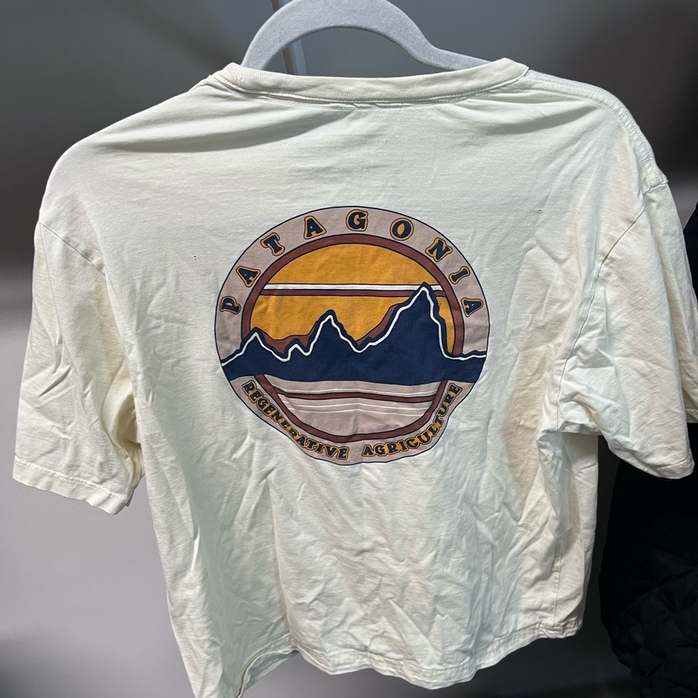 Patagonia Off-White Short Sleeve Tee with Mountain Design
